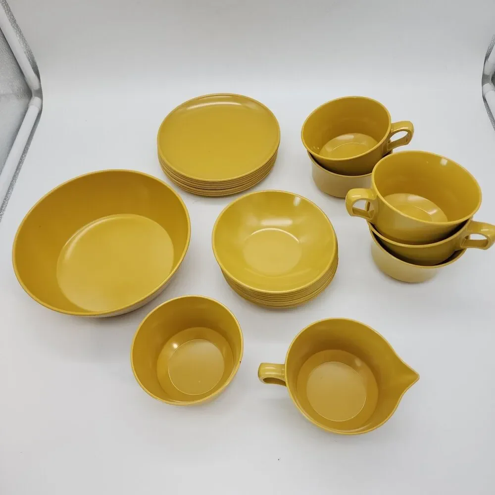 Vintage Melamine Coffee Cups Bowls Plates Harvest Yellow 24 Ct Allied Chemical